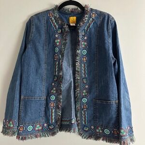 Ruby Rd Denim Jacket Womens 12 Blue Excellent Embroidered Fringe Boho Open Front